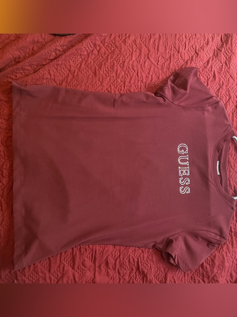 Guess Rhinestone Logo Tee in Burgundy